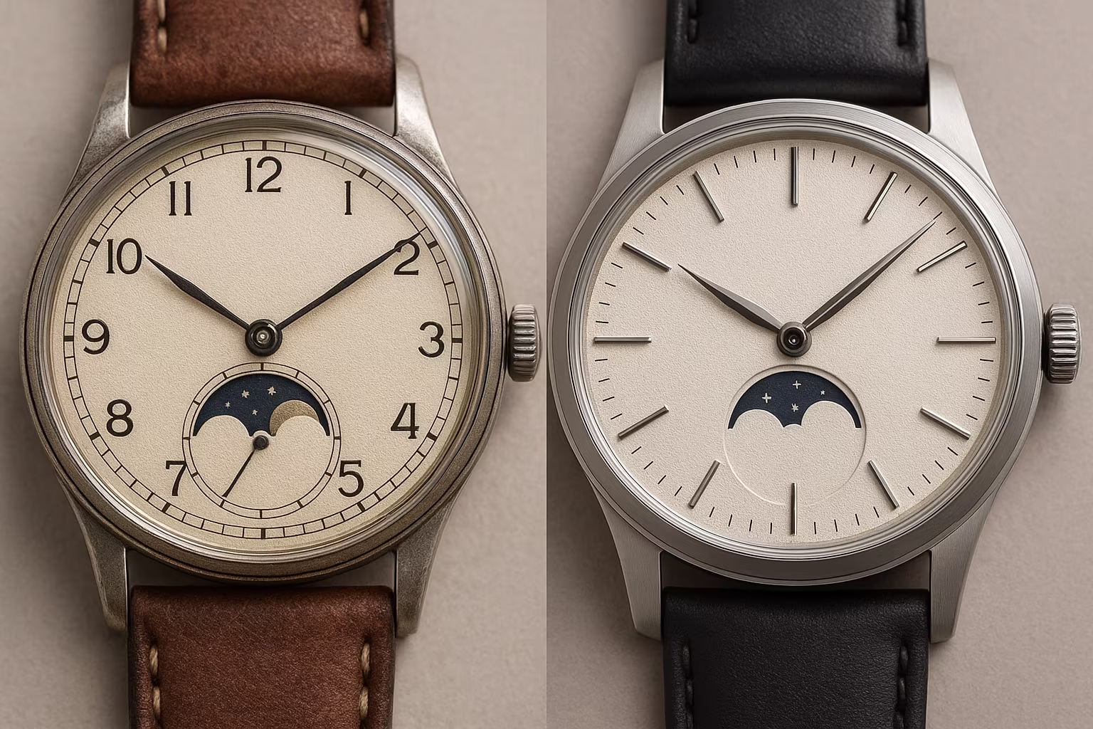 Gros plan d'une montre bracelet avec indicateur de phase de lune sur le cadran, matériaux et détails visibles