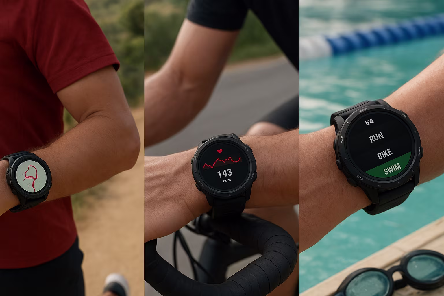 Montre multisport portée au poignet montrant GPS, fréquence cardiaque et modes pour course, vélo et natation