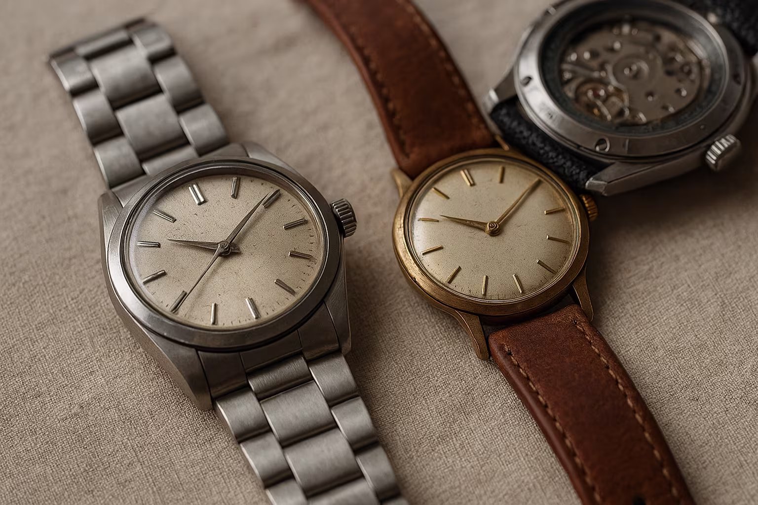 Vue rapprochée de montres d'occasion sur tissu, montrant boîtiers, bracelets et détails de cadran pour évaluer l'état