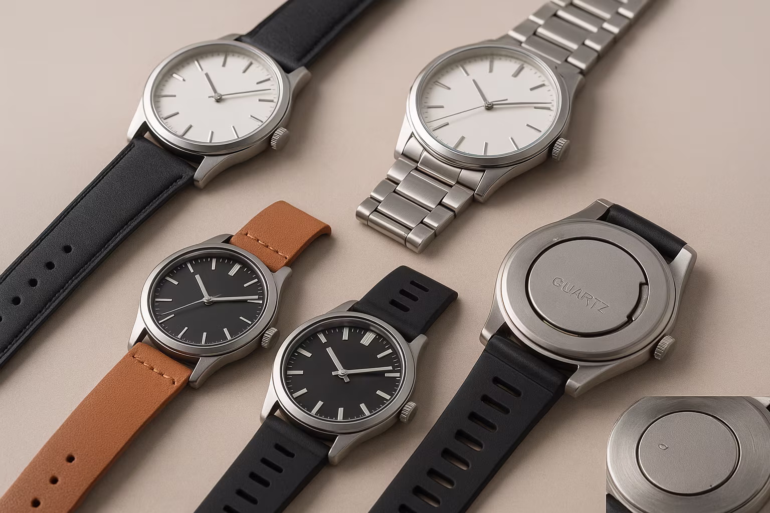 Différents modèles de montres à quartz posées sur une surface neutre, gros plan sur boîtiers et bracelets