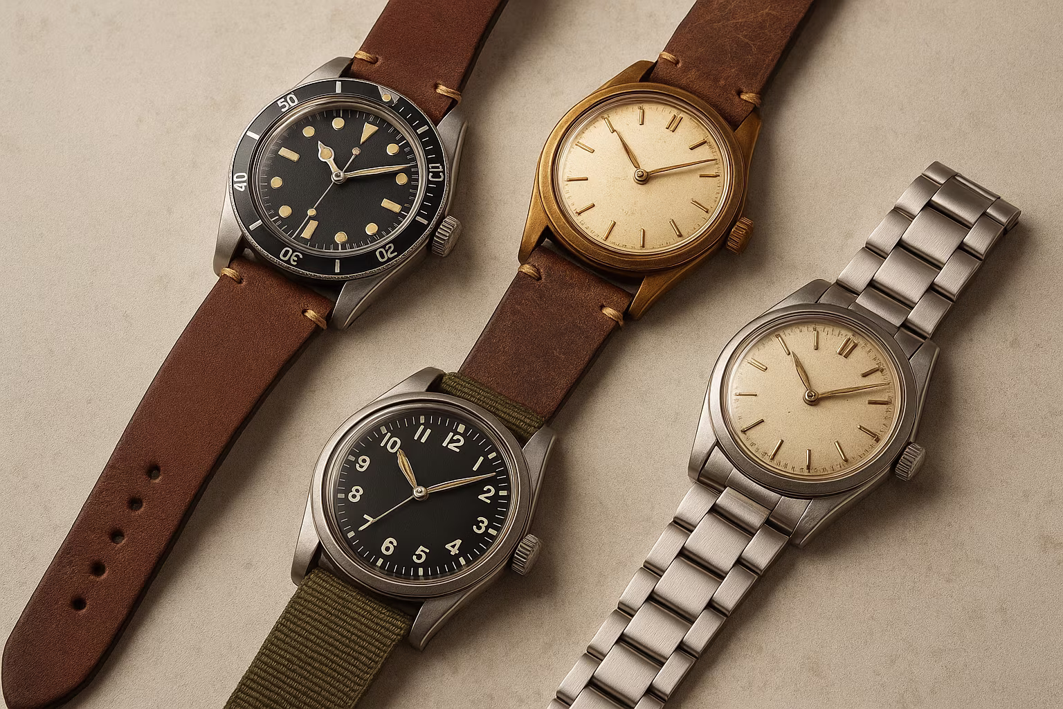 Plusieurs montres reconditionnées posées sur un fond neutre montrant boîtiers, bracelets et cadrans