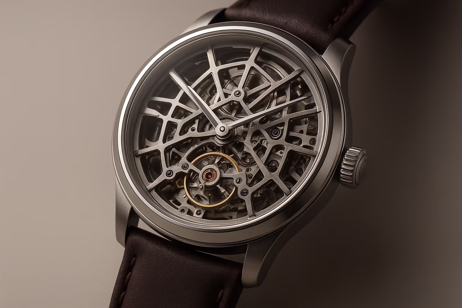 Gros plan d'une montre squelette avec cadran ouvert et engrenages visibles, boîtier poli et bracelet cuir