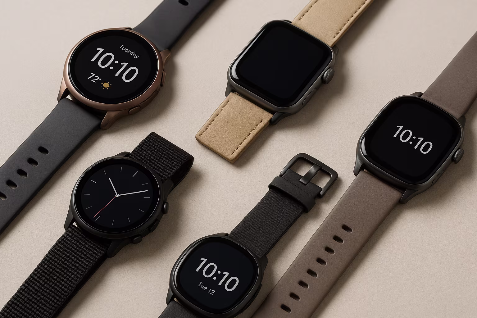 Collection de montres connectées de différentes tailles, écrans et bracelets montrant matériaux et options pour un guide d'achat