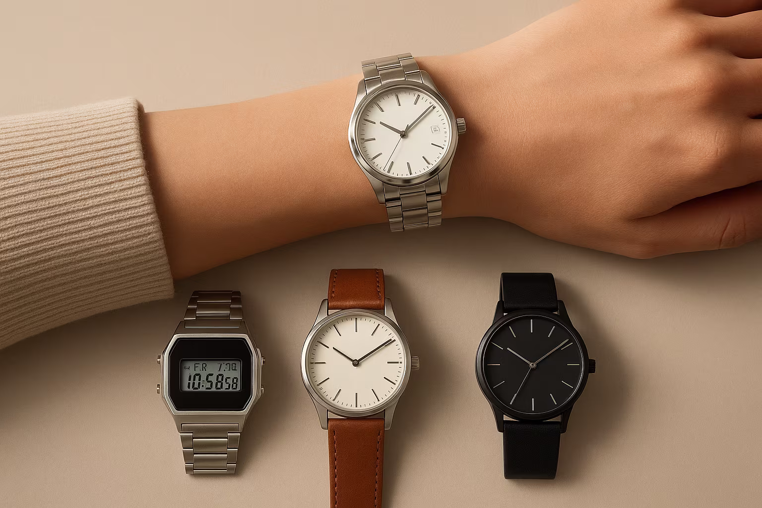 Sélection de montres unisexes avec différents bracelets et cadrans montrées sur un poignet