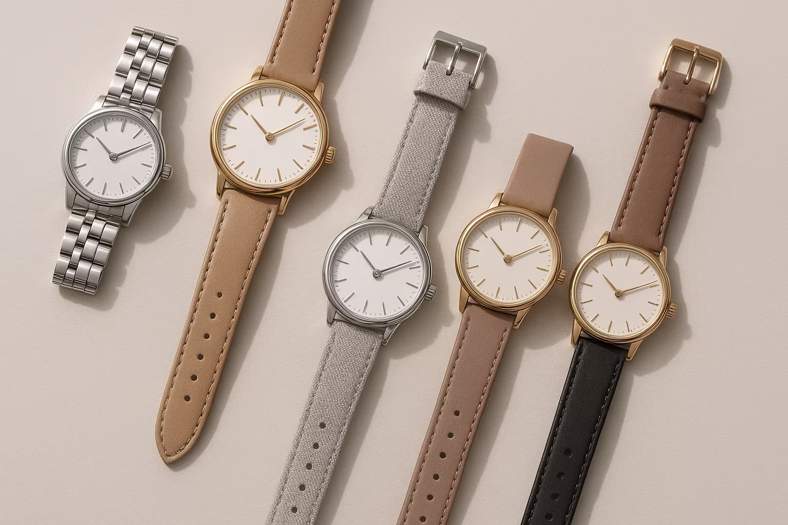Différentes montres pour femme posées sur une surface neutre montrant boîtiers et bracelets variés