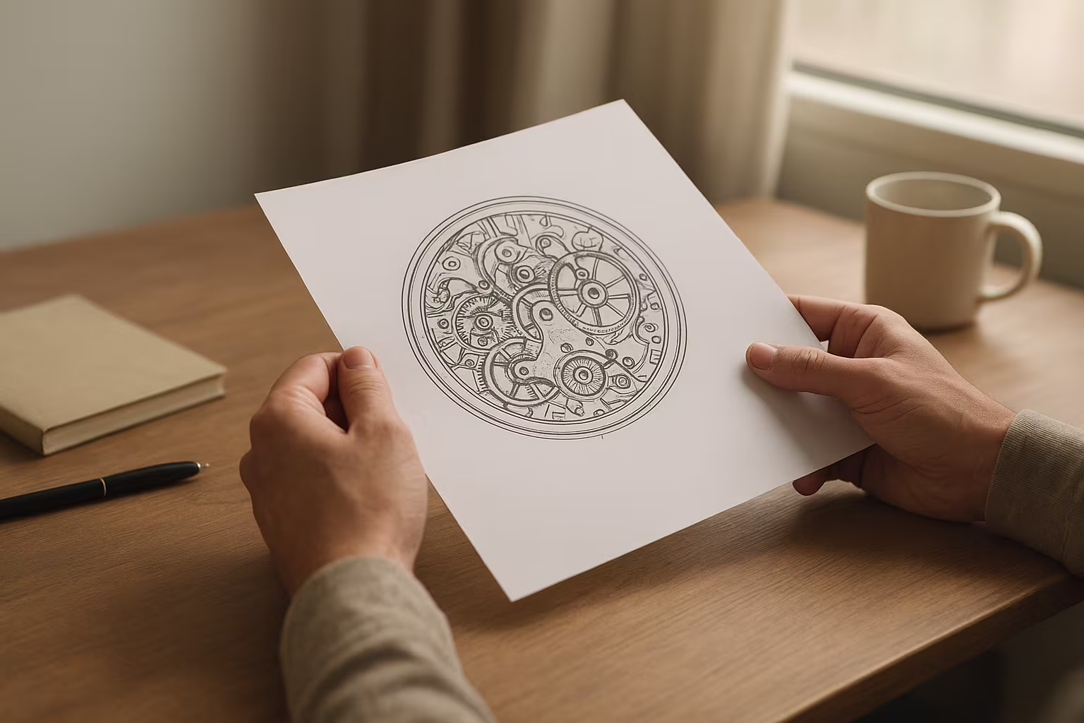 Personne examinant un schéma de mouvement de montre sur un bureau en bois, lumière naturelle