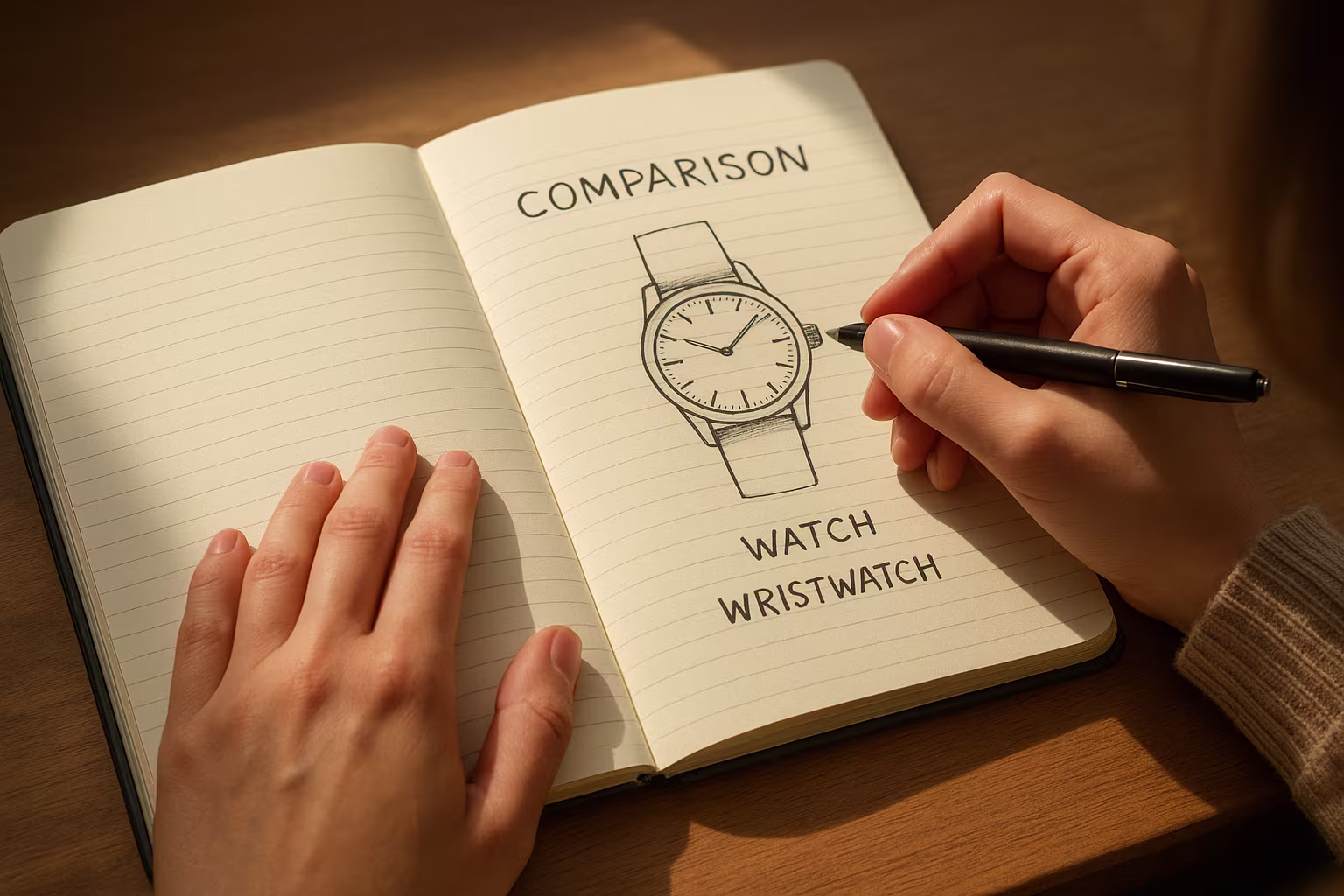 Carnet ouvert avec notes de comparaison et croquis de montre, lumière douce