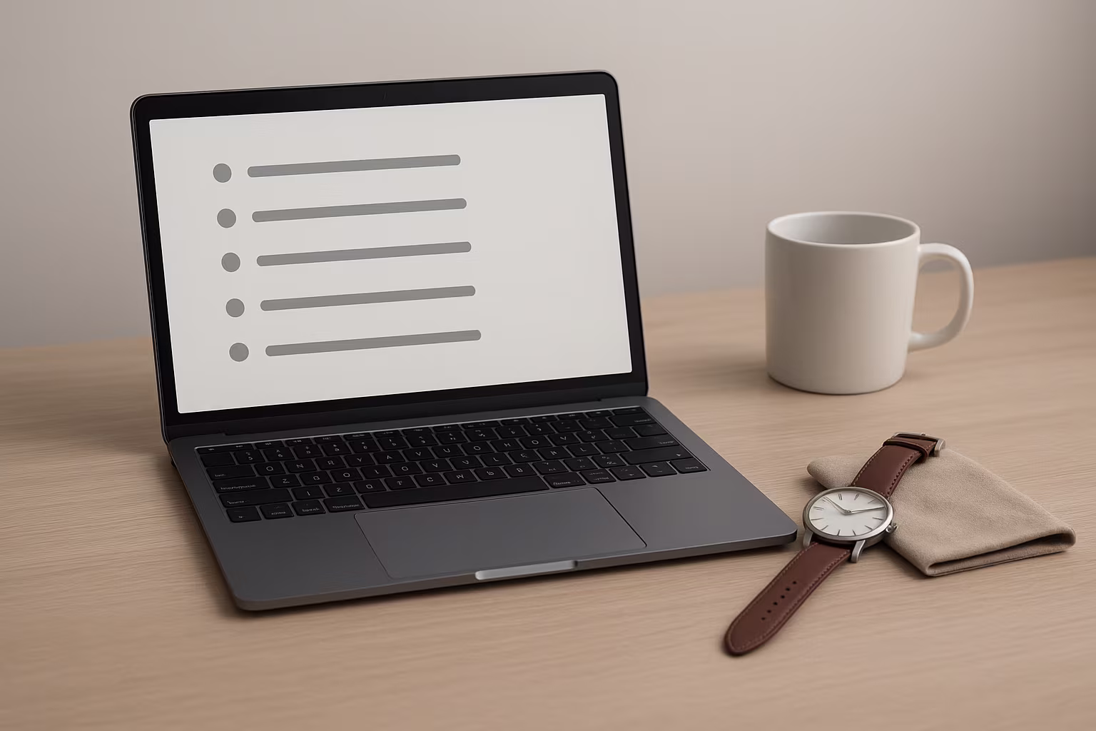Bureau propre avec ordinateur affichant une liste et une montre posée sur un chiffon, lumière neutre