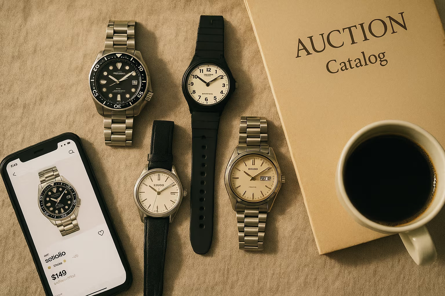 Montres abordables (Seiko, Casio, Bulova) posées avec un catalogue d'enchères et un smartphone affichant des prix.