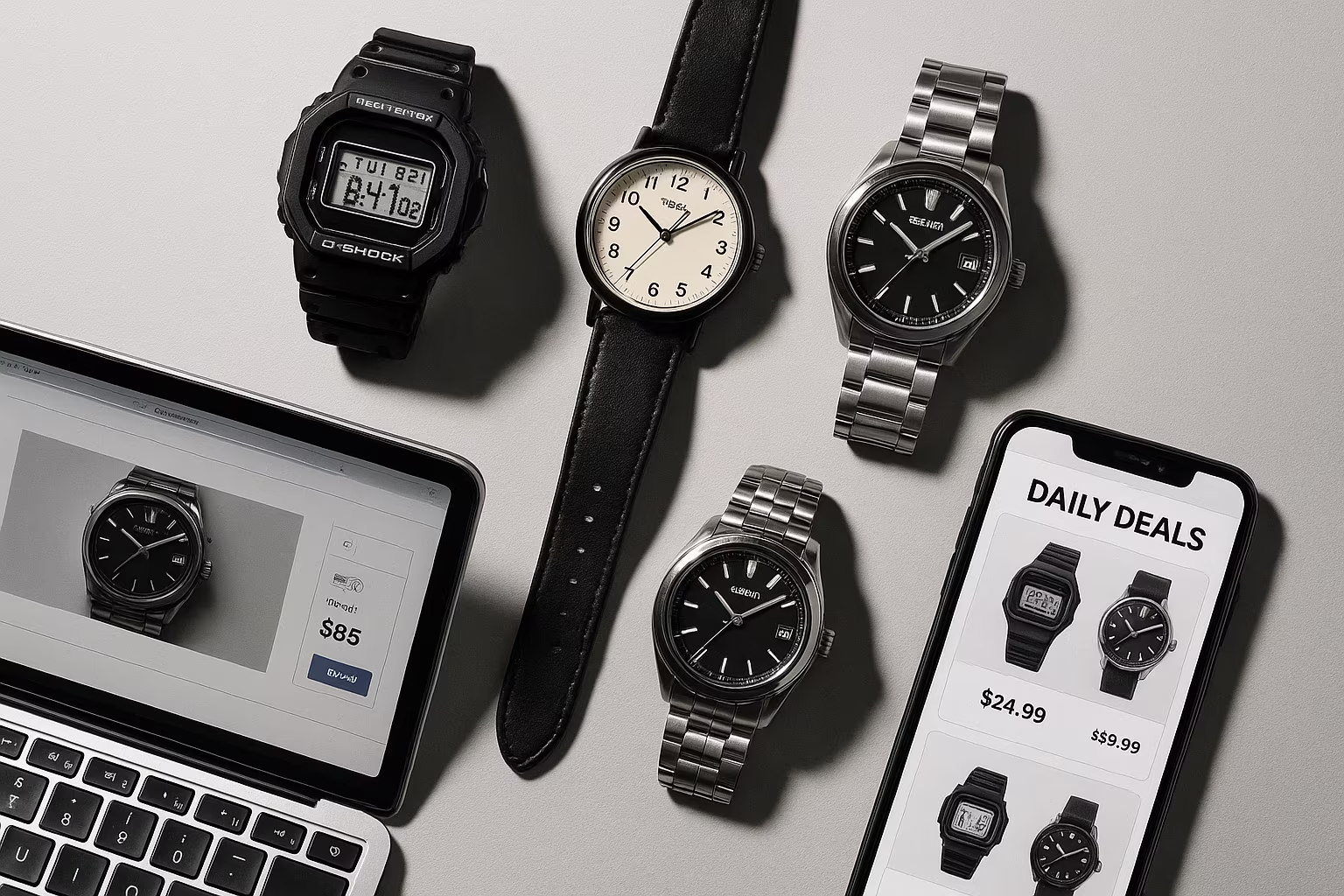 Vue à plat : montres accessibles, ordinateur affichant enchères et téléphone montrant des promotions