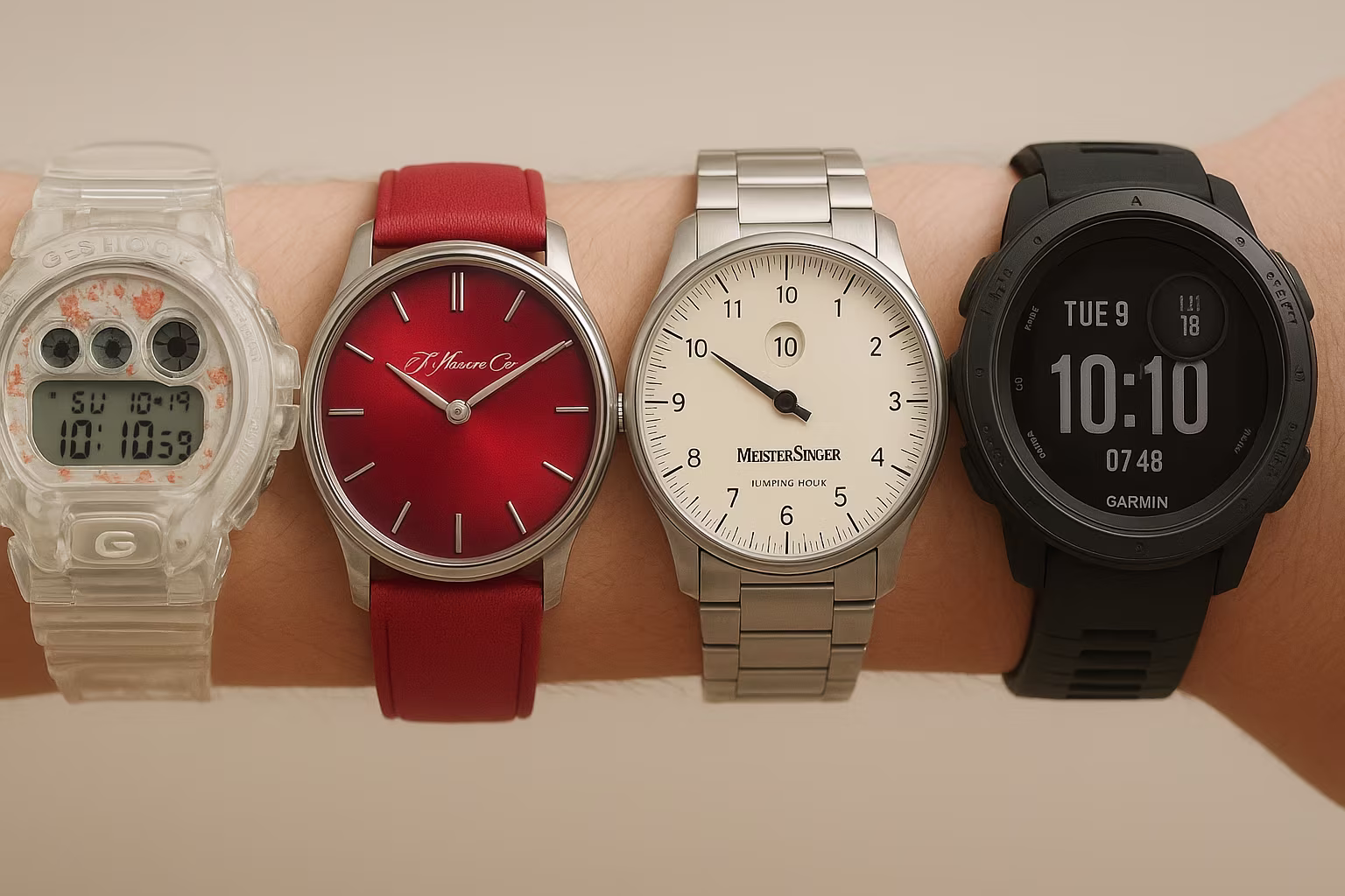 Groupe de montres: G-Shock transparent, H. Moser céramique, MeisterSinger jumping-hour, Garmin outdoor.