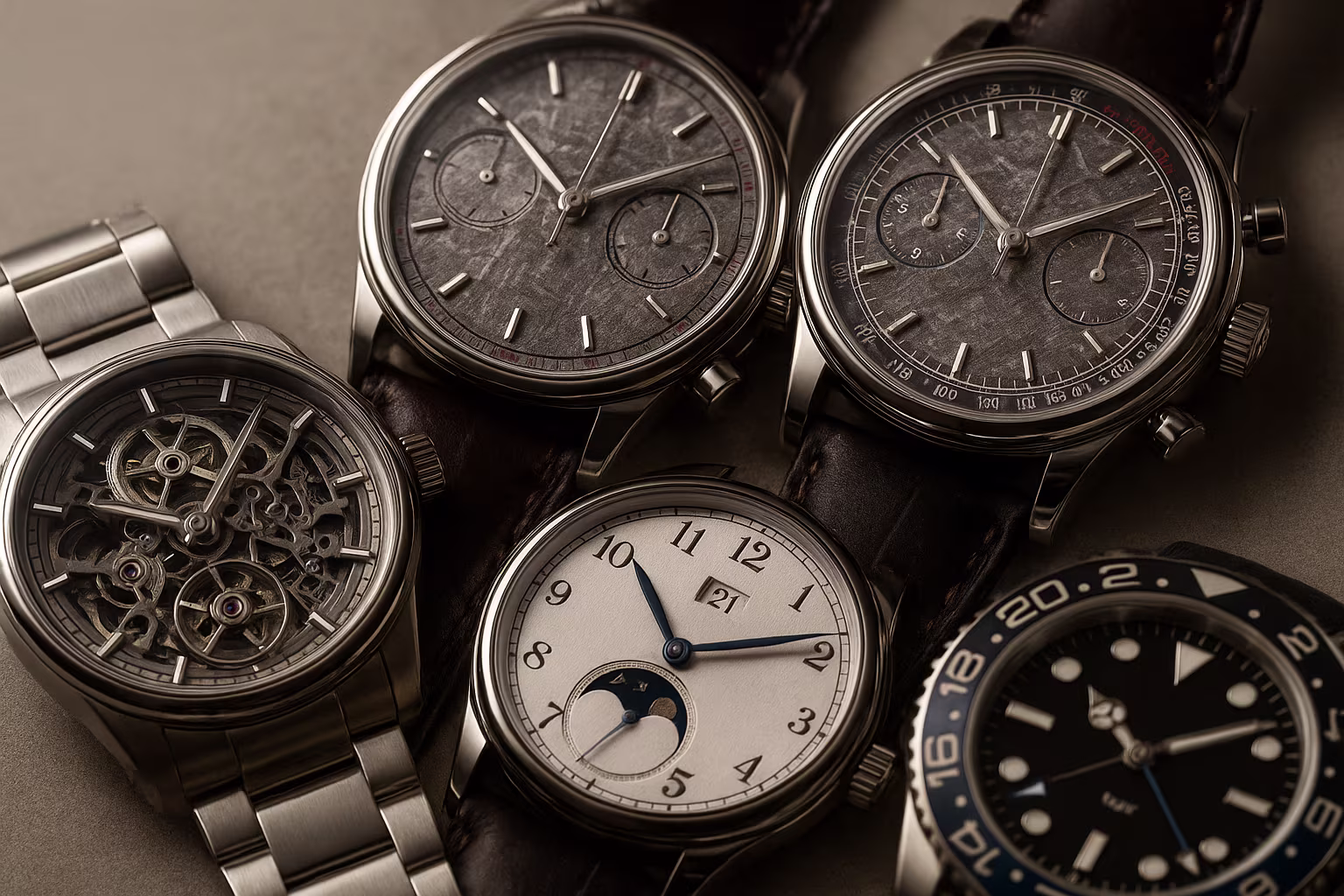 Gros plan éditorial montrant plusieurs complications horlogères : montre squelette, chronographe à cadran météorite, indicateur de phase de lune et lunette GMT.