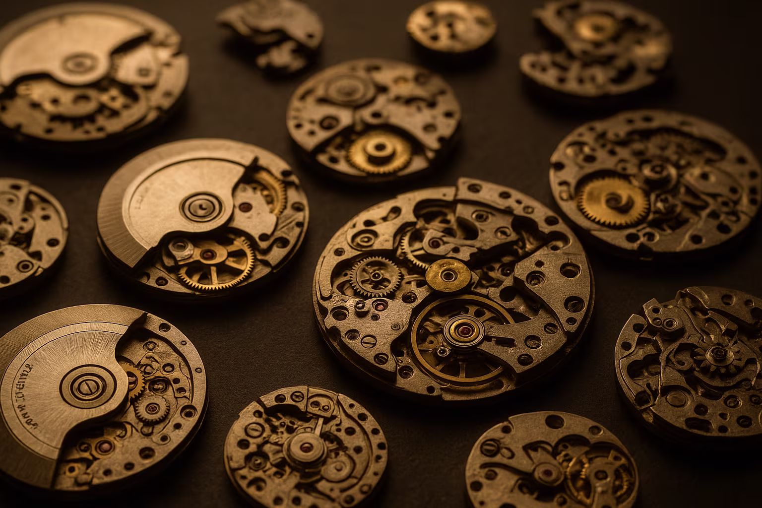 Gros plan editorial sur plusieurs mouvements mécaniques, rotors et roues de colonne.