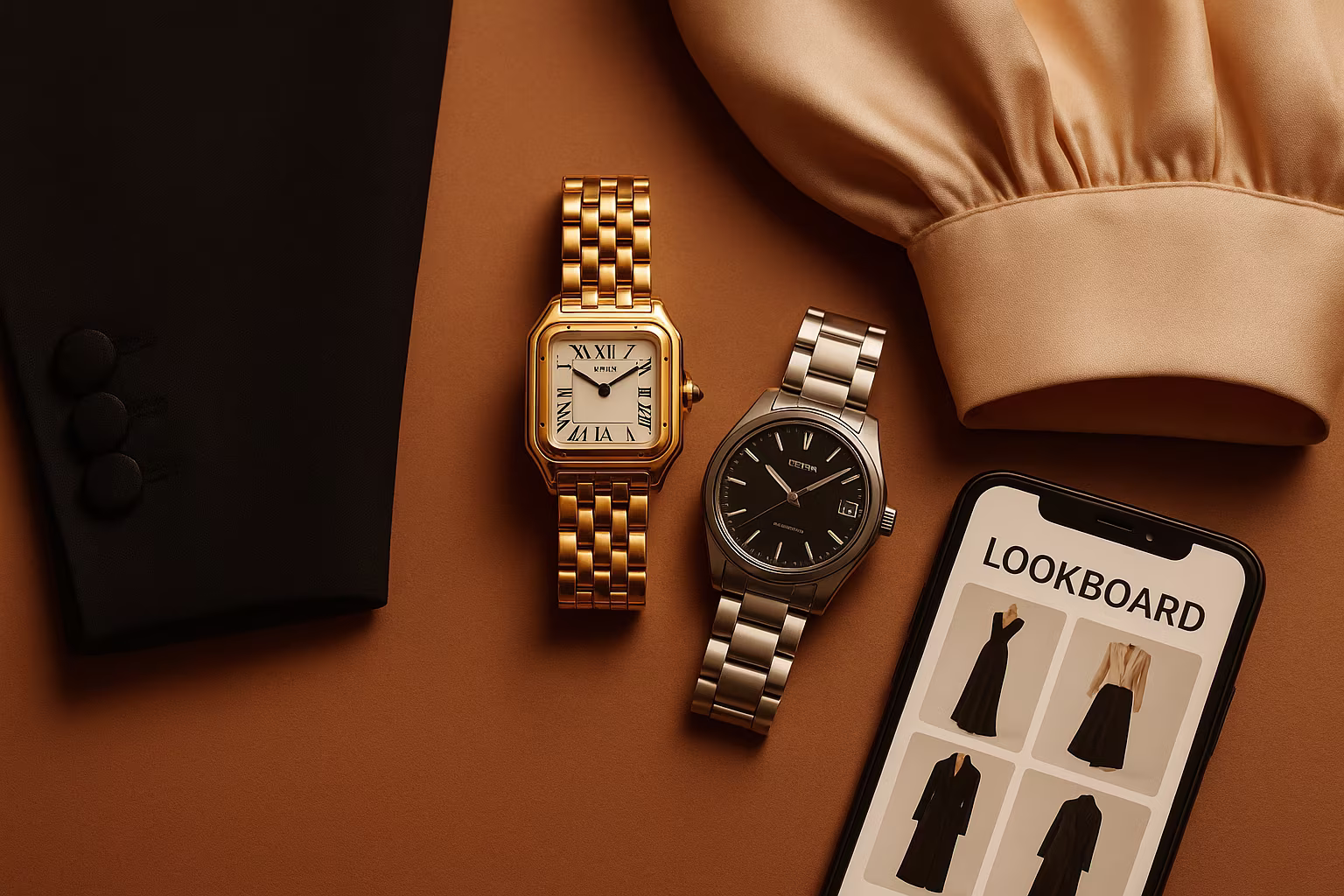 Montres et tenue de soirée posées sur fond élégant (tuxedo, robe, montre Cartier vintage, Seiko moderne, smartphone).