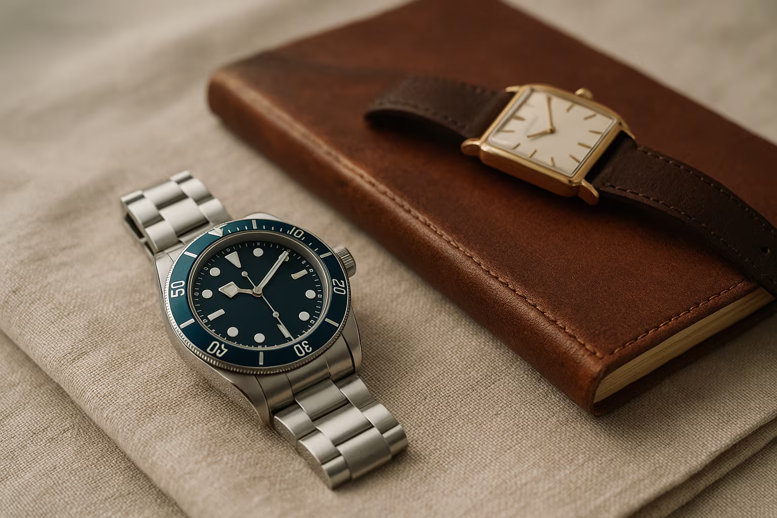 Montre de plongée et montre habillée posées sur lin et cuir, lumière printanière