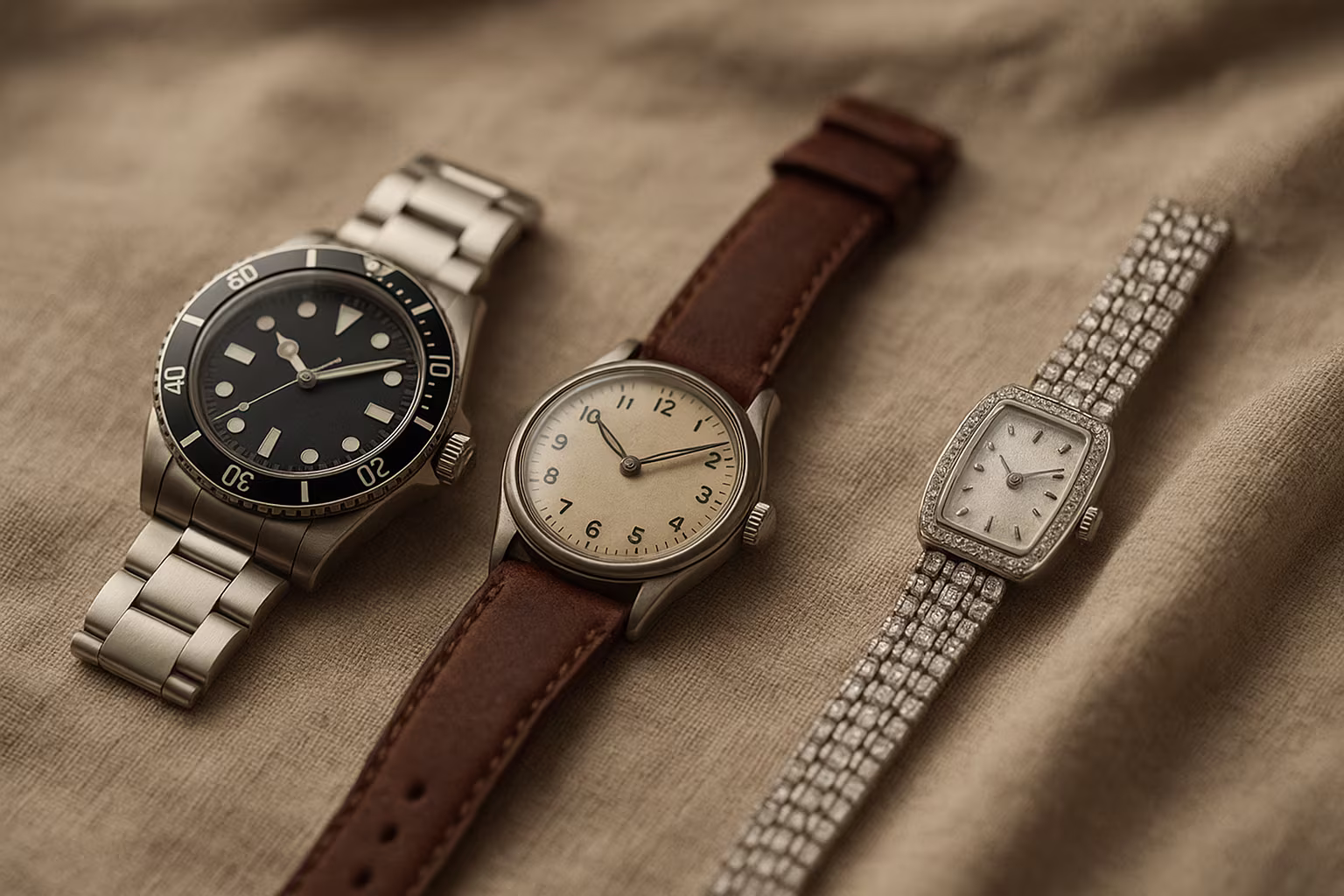 Trois montres élégantes (plongée, réédition vintage, montre joaillière) posées sur tissu