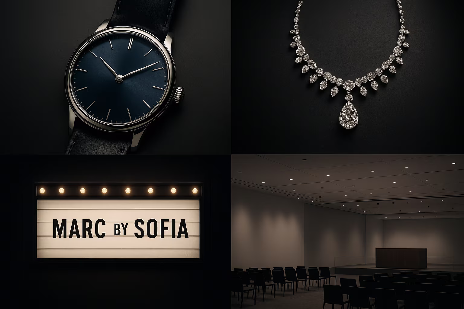 Collage éditorial : montre habillée bleue, collier haute joaillerie, marquise de cinéma 'Marc by Sofia', salle des ventes moderne.