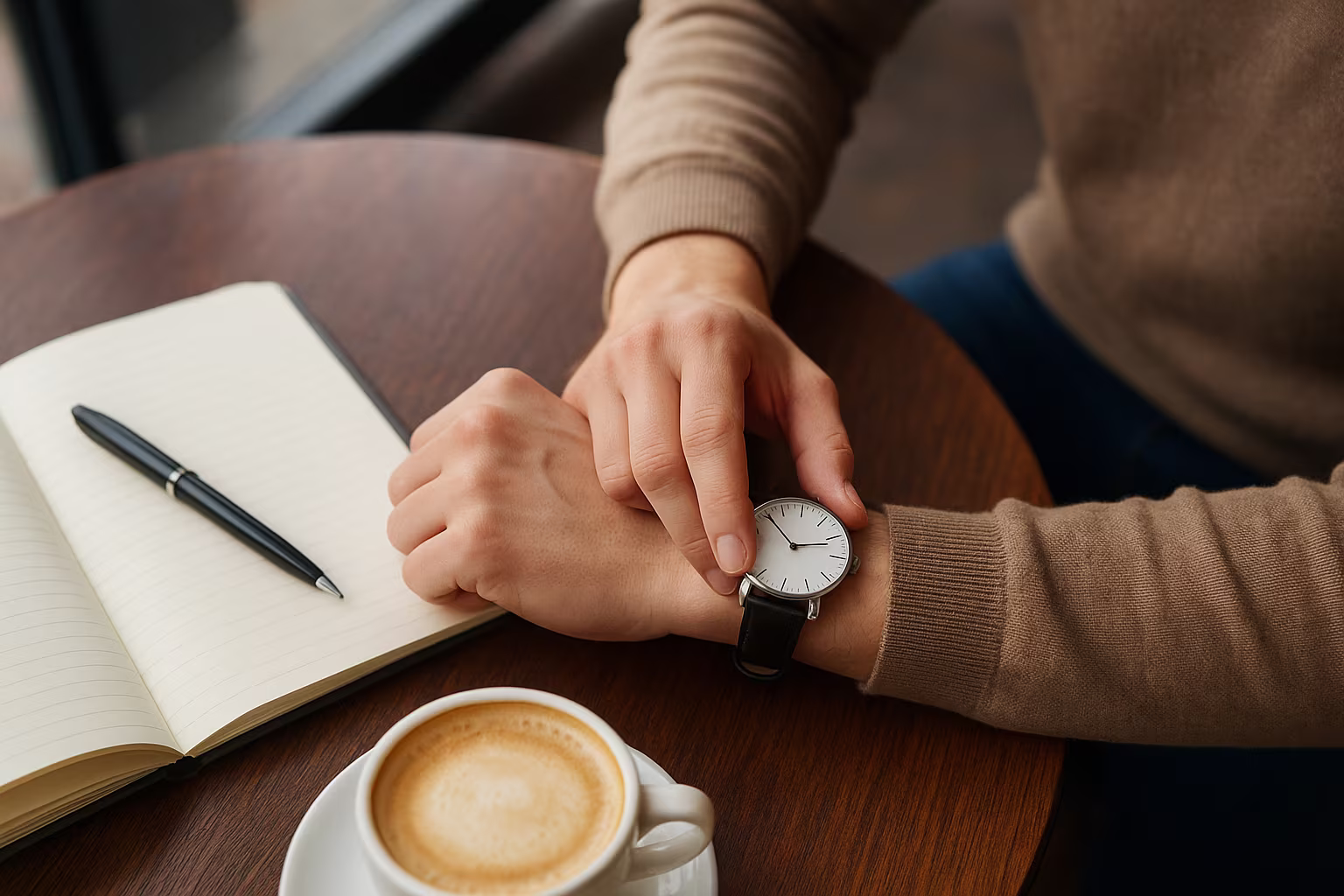 Personne regardant une montre-bracelet simple à un café, ambiance quotidienne et accessible