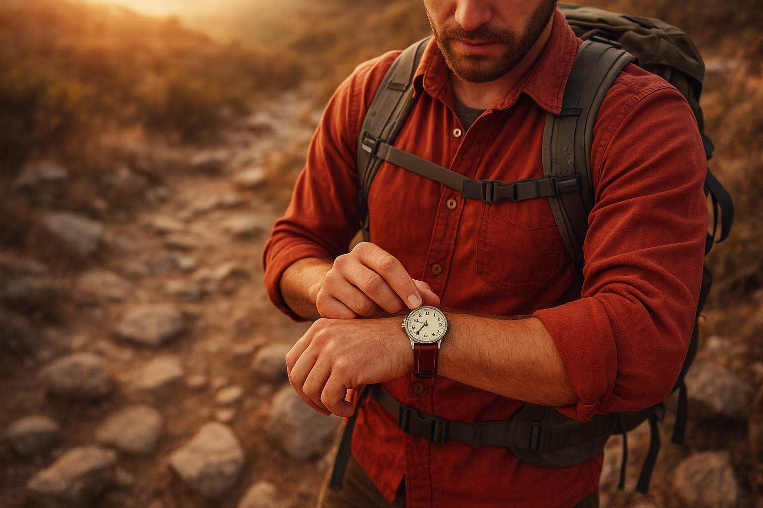 Randonneur vérifiant une montre de terrain sur un sentier rocheux au coucher du soleil