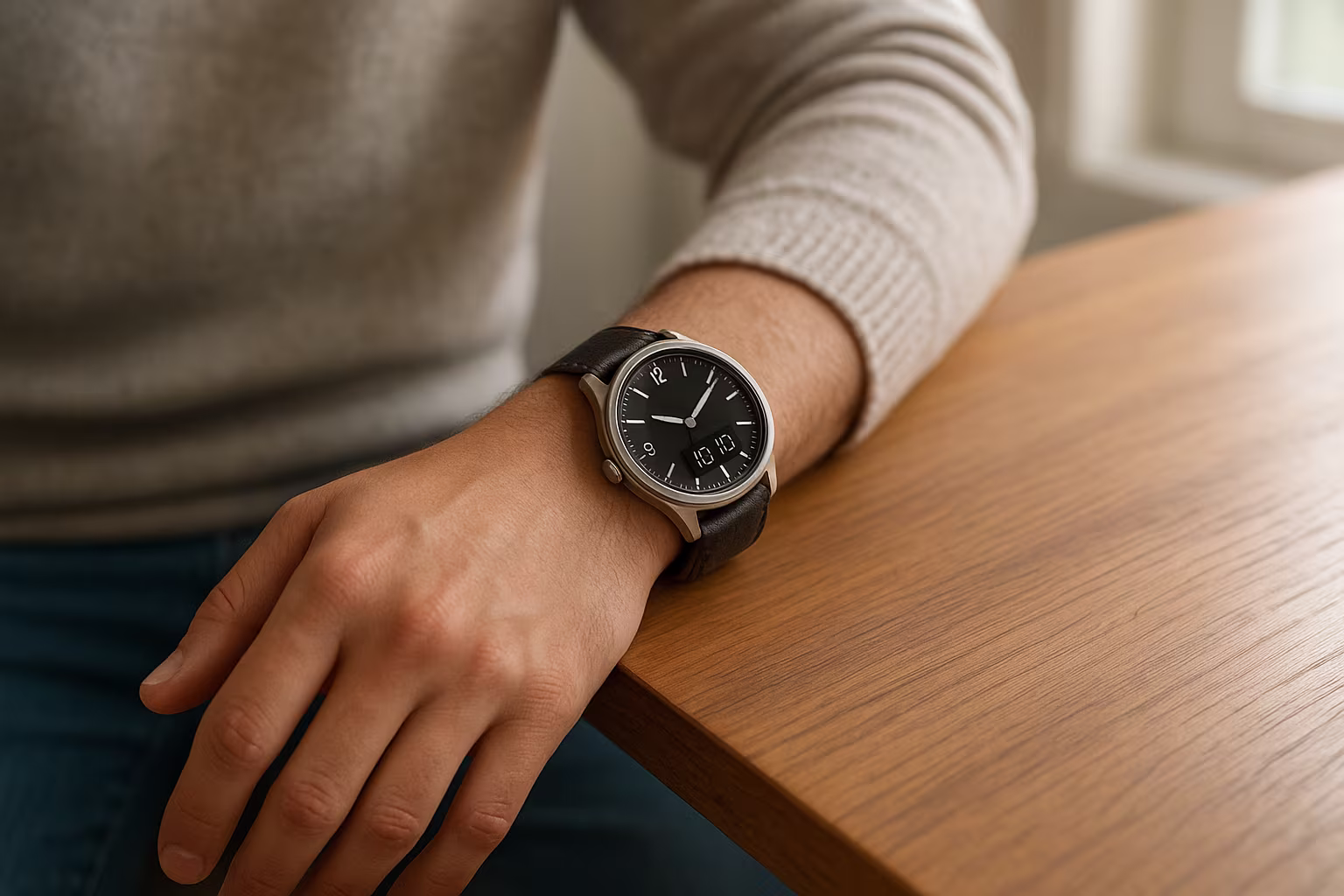 Personne au bureau portant une montre hybride analogique avec affichage discret