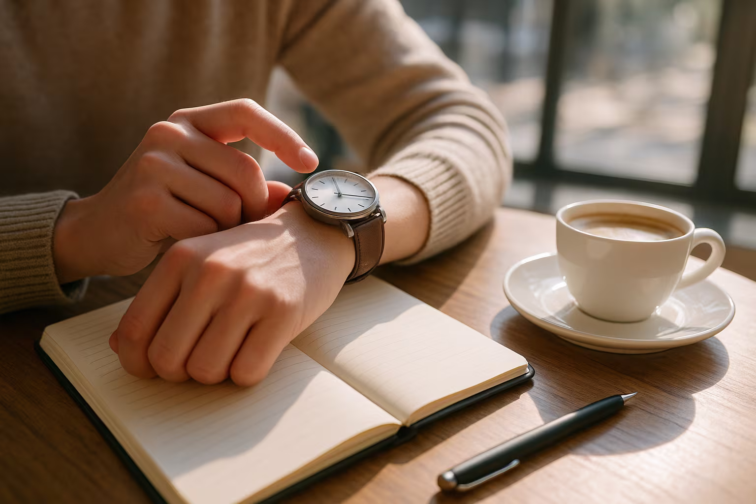 Personne vérifiant sa montre-bracelet dans un café en lumière naturelle, contexte lifestyle