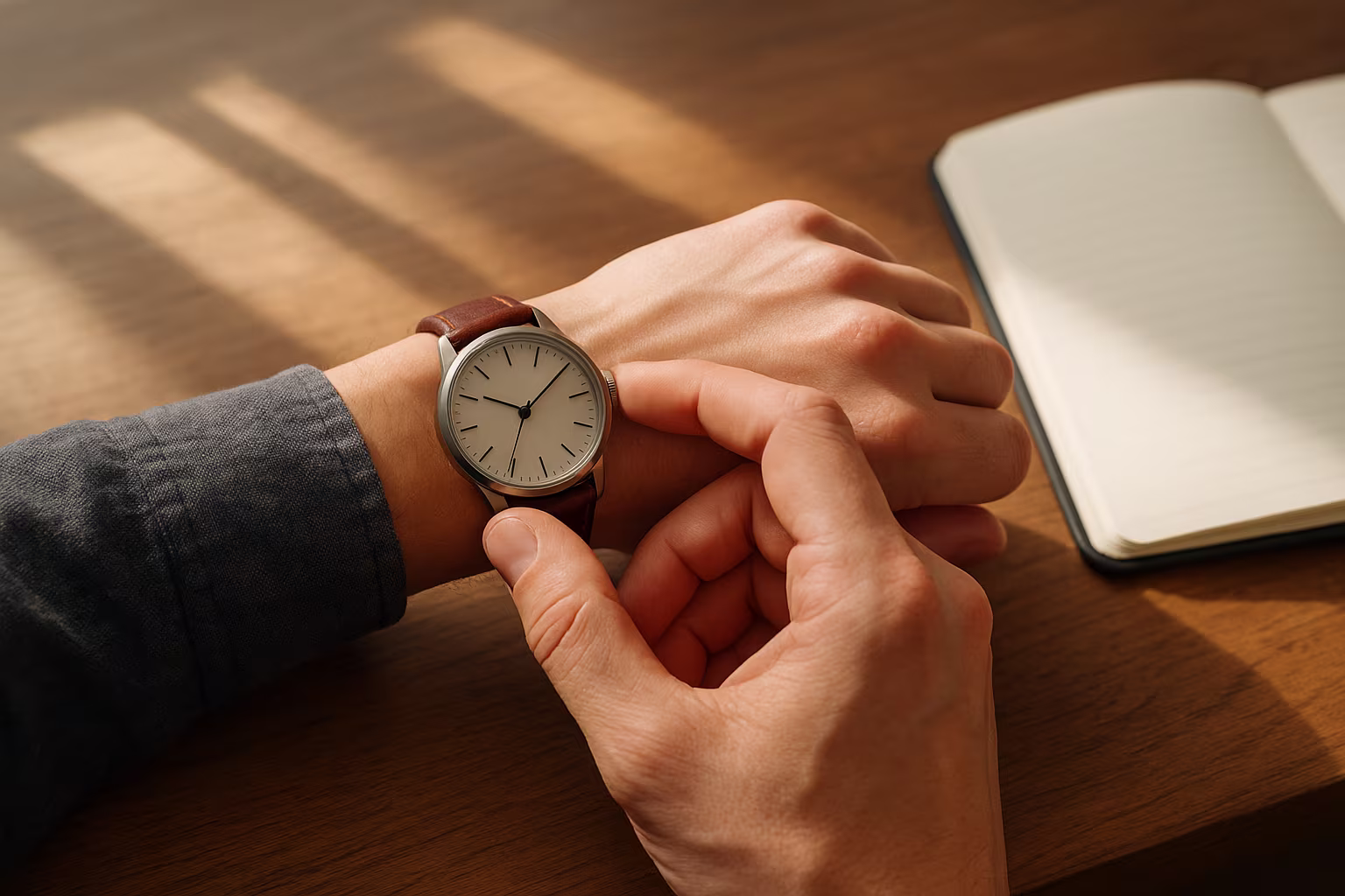 Personne vérifiant une montre-bracelet sur son poignet à un bureau en bois, photo de style éditorial