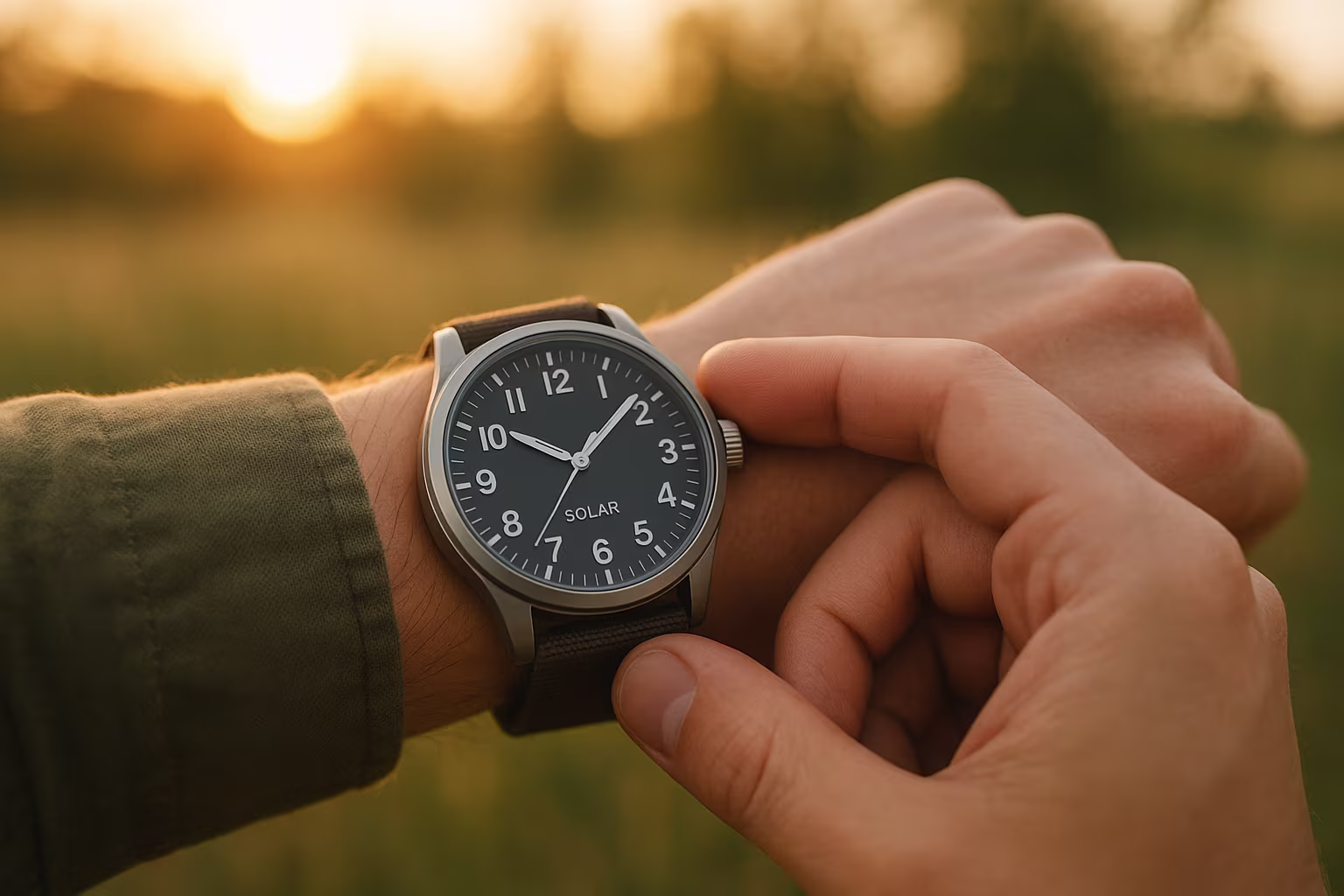 Personne regardant une montre solaire au coucher du soleil, contexte extérieur naturel