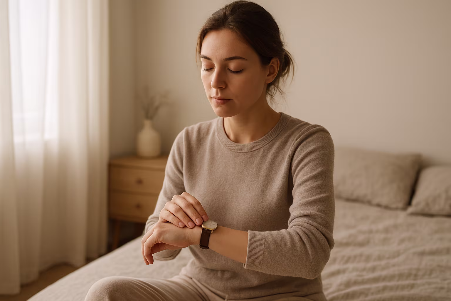 Femme regardant sa montre dans une routine matinale, lumière naturelle, intérieur neutre