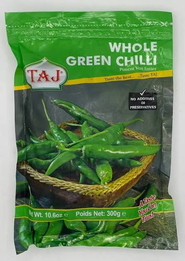 Taj Whole Green Chilli 300g - Fresh Frozen Chillies