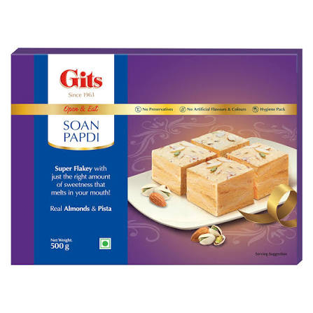 Gits Soan Papdi (Almonds & Pista) 500g � Flaky & Rich Flavored Sweet