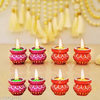 Clay Pot Matki Wax Diya (Red & Gold) (7Pcs) - Elegant Festive Glow
