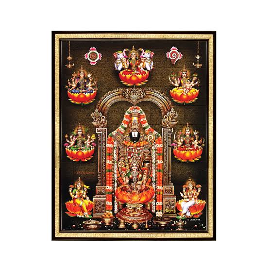 Hindu God Lord Perumal with Consorts Photo Frame (31�26cm) - Fierce Spiritual Symbol