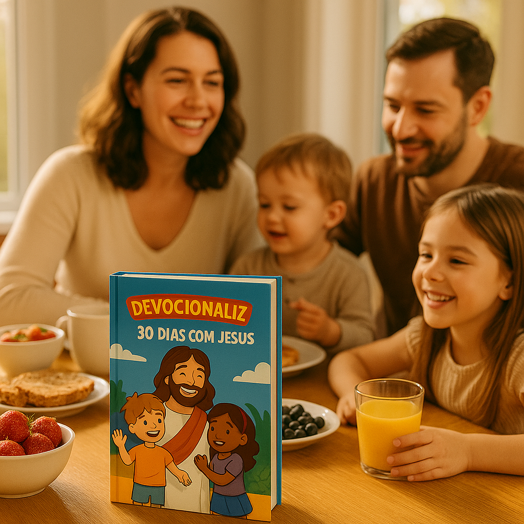 Família cristã lendo o devocional junto com a criança