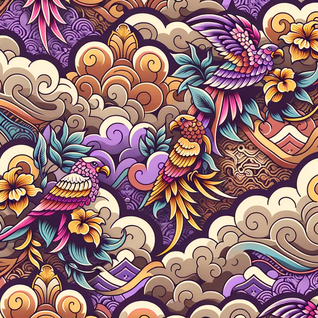 Motif menggambarkan burung tropis berwarna cerah yang terbang di antara awan bergaya dekoratif. Kombinasi ungu, emas, biru, dan merah muda menghasilkan kesan ceria dan kaya detail.