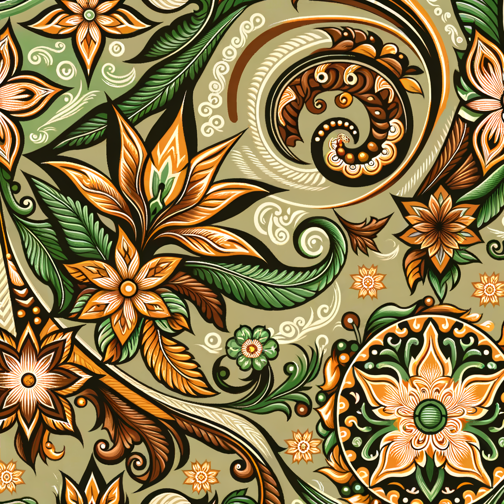 Motif berisi rangkaian daun memanjang, bunga berlapis, serta ornamen spiral. Palet warna hijau, emas, dan coklat memberi nuansa alami dengan sentuhan elegan.