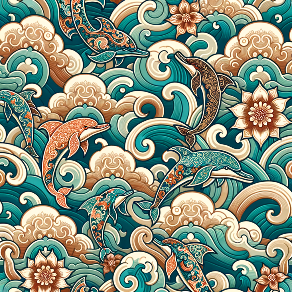 Motif menonjolkan kelompok lumba-lumba yang bergerak di antara ombak besar dan bunga berornamen. Warna toska, coklat, dan krem memberikan suasana laut yang hidup dan harmonis.