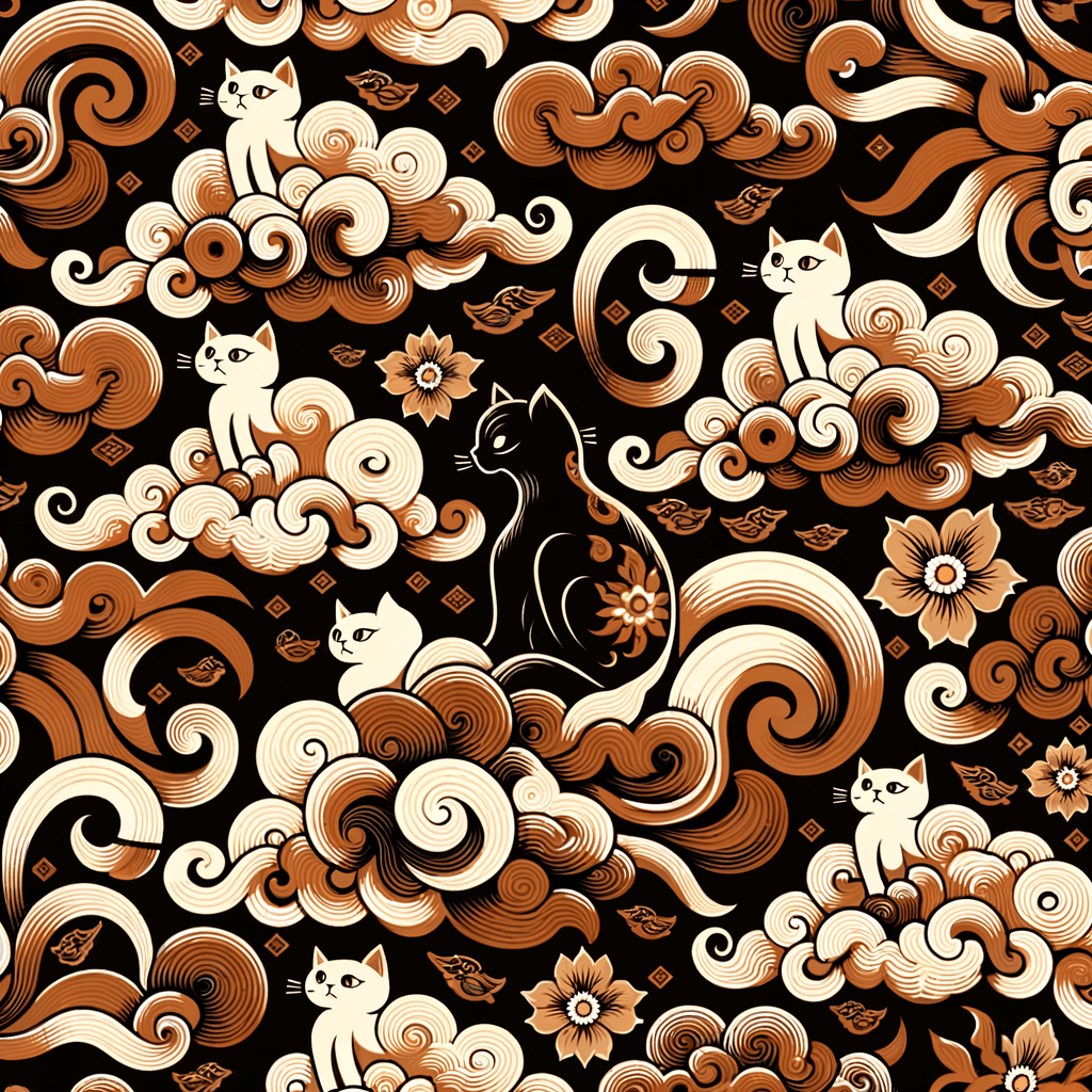 Motif menghadirkan siluet kucing yang duduk di antara awan bergelombang. Perpaduan warna coklat, krem, dan hitam menciptakan kesan hangat sekaligus dekoratif.