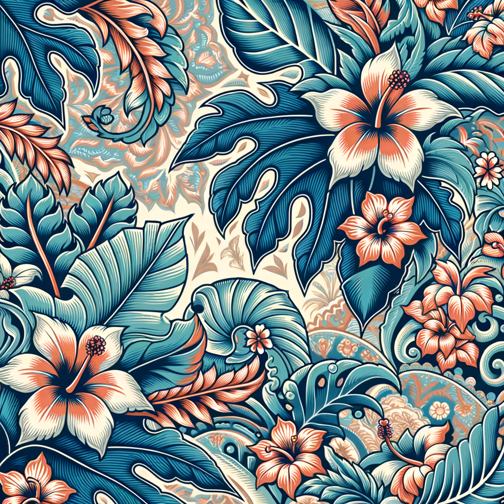 Bunga hibiscus dan dedaunan tropis menjadi elemen utama. Warna biru kehijauan dan oranye lembut memunculkan suasana segar serta elegan. Detail ilustratif menampilkan keindahan flora tropis khas Indonesia.