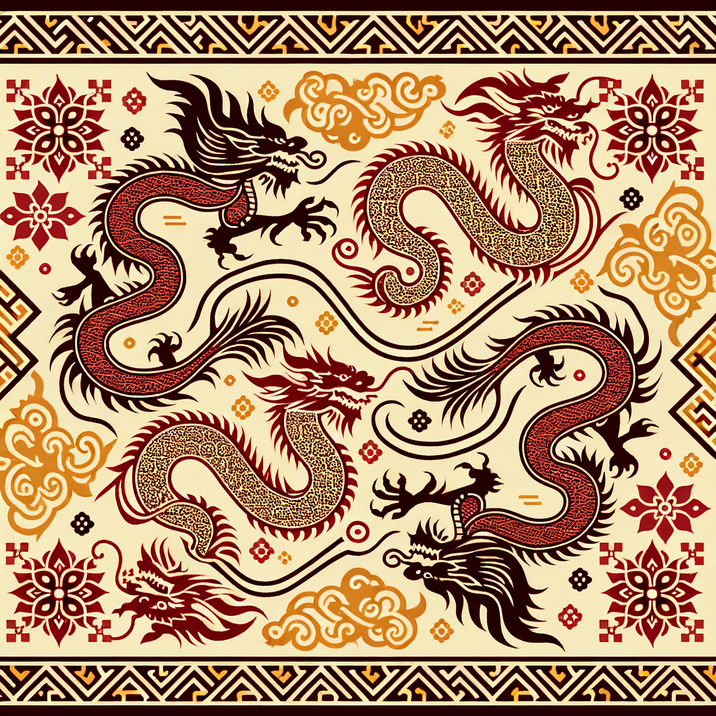 Gambaran naga bergaya oriental dengan warna merah, hitam, dan aksen emas melambangkan kekuatan serta keberanian. Ornamen etnik di sekelilingnya memperkuat kesan klasik bernilai filosofis tinggi.