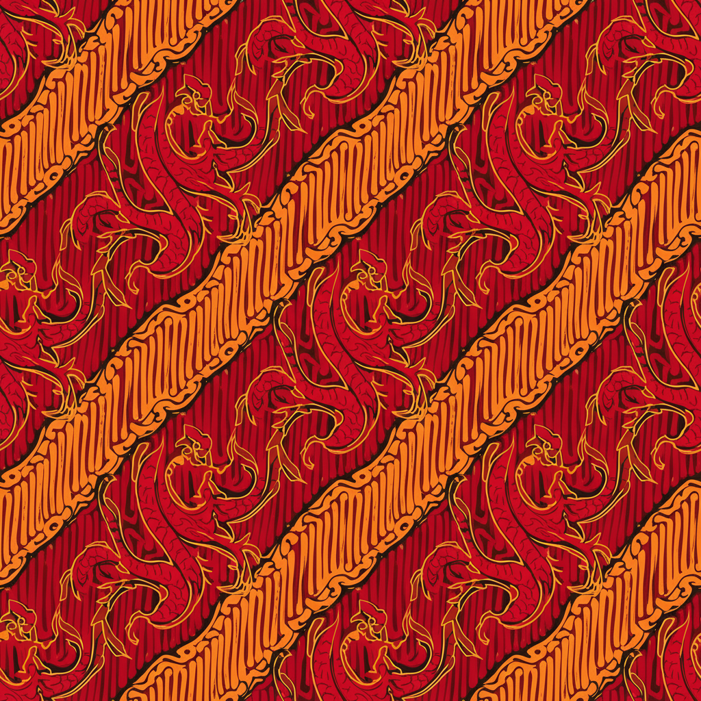 Pola diagonal bergaya lereng dengan sulur naga berwarna emas pada latar merah menyala. Nuansa mewah dan tegas tampak dari komposisi berulang yang teratur serta penuh energi visual.