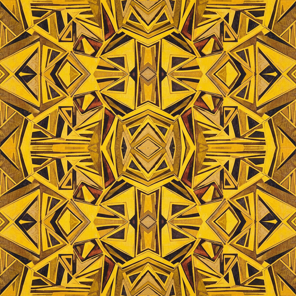 Pola geometris tersusun simetris dengan dominasi warna kuning emas dan cokelat. Garis-garis tegas menghadirkan karakter dinamis bergaya etnik Nusantara. Komposisi berulang menciptakan kesan modern dan kuat.