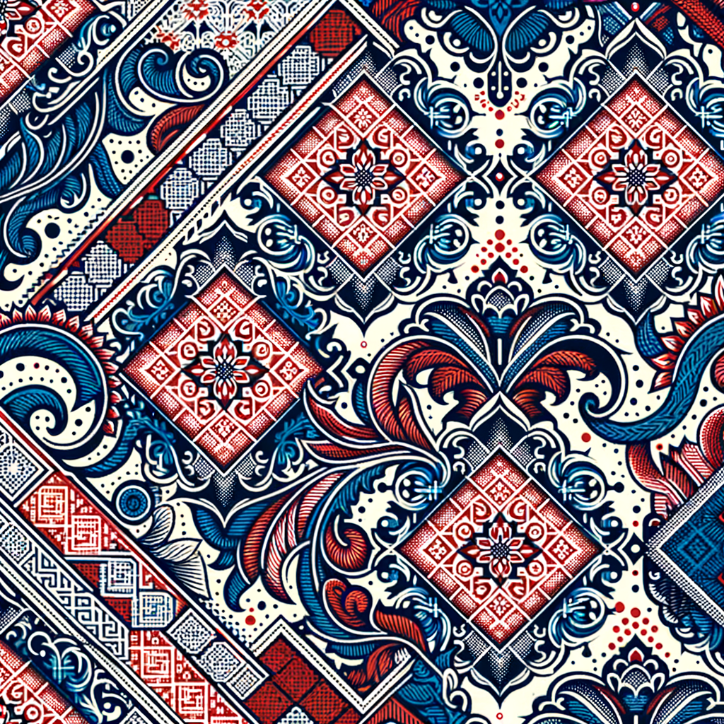 Desain motif batik dengan inspirasi budaya Telkom dengan warna kombinasi antara merah dan biru, melambangkan logo BISA dari telkom malang, dikombinasikan dengan motif geometris sebagai dominan. dengan dominasi warna merah dan biru