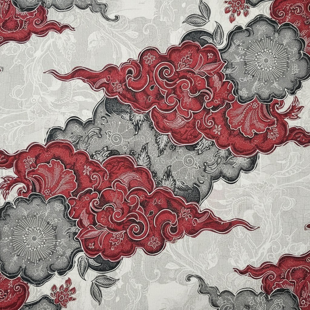 batik mega mendung, dengan warna putih, merah, dan abu abu. tambahkan warna lain yang relevan dengan kombinasi warna tersebut