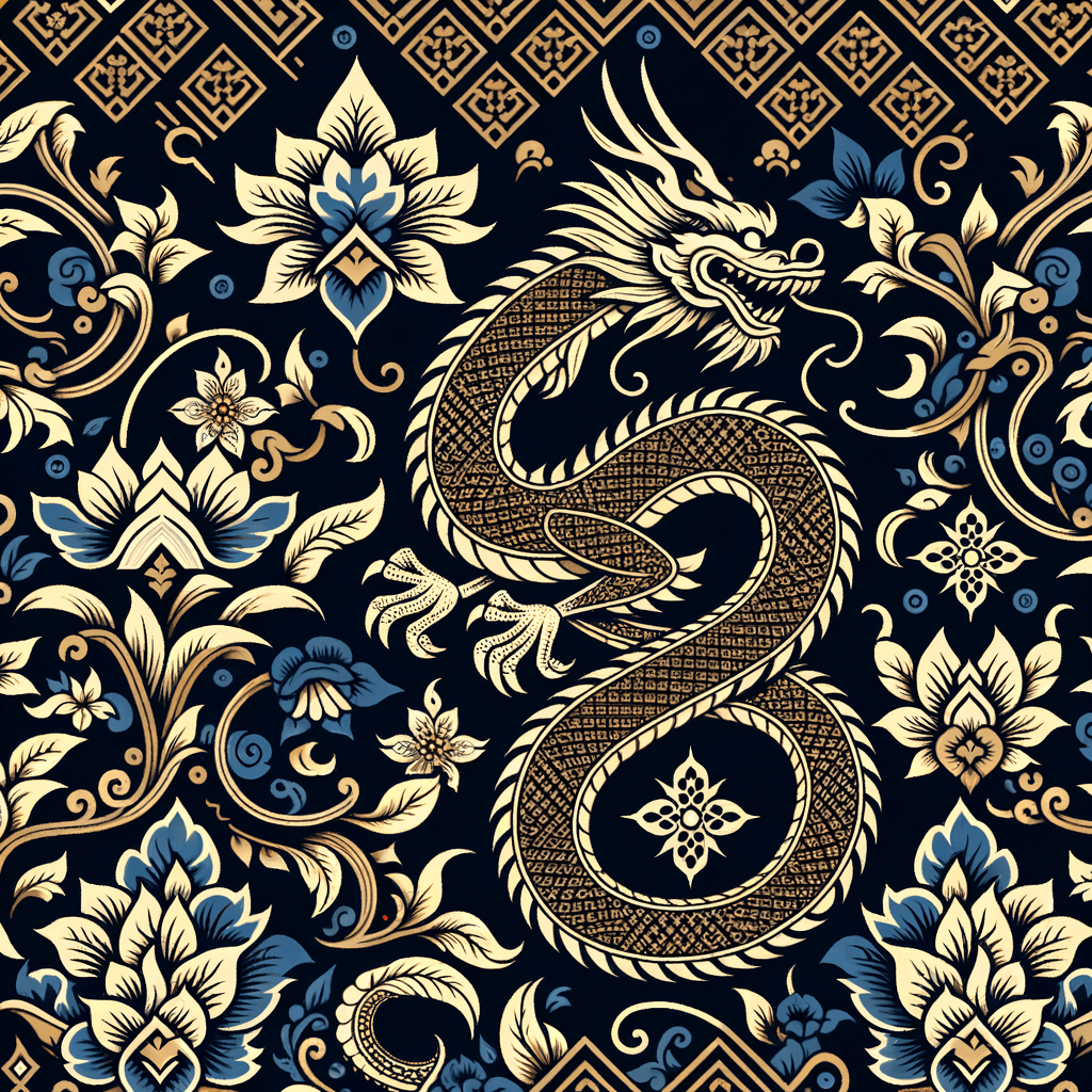 Ciptakan motif batik bertema simbol kekuatan naga, dengan elemen pendamping motif batik parang. dengan dominasi warna ... dan ...