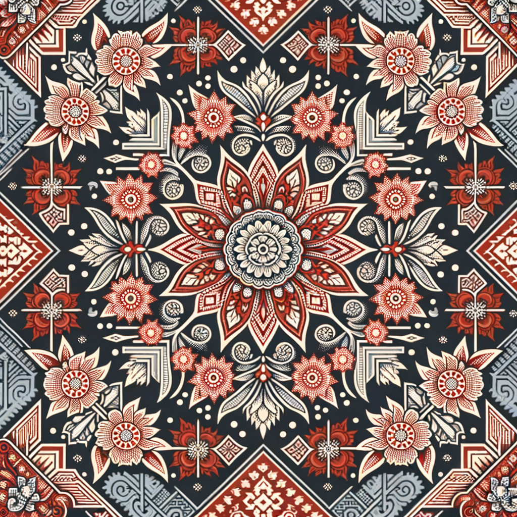 Desain motif batik dengan inspirasi budaya Jawa Barat, dikombinasikan dengan motif megamendung. dengan dominasi warna merah dan abu abu