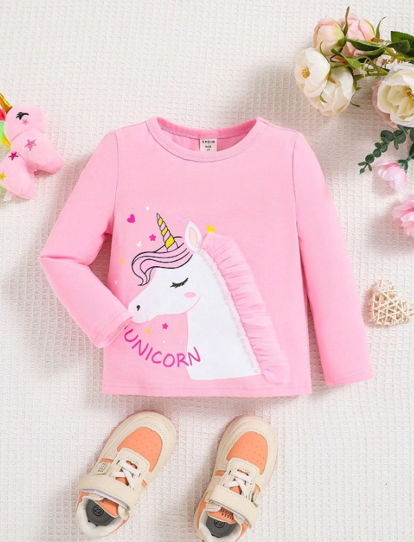 Young Girl Unicorn Patterned Ruffle Decorated Round Neck Long Sleeve Top