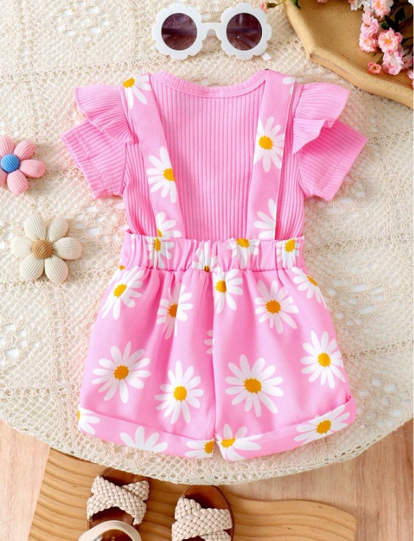 2pcs/Set Baby Girls Cute Short Sleeve Romper + Suspender Pants Set - 2