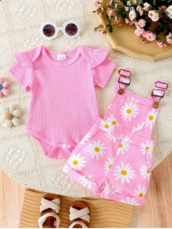 2pcs/Set Baby Girls Cute Short Sleeve Romper + Suspender Pants Set - 3