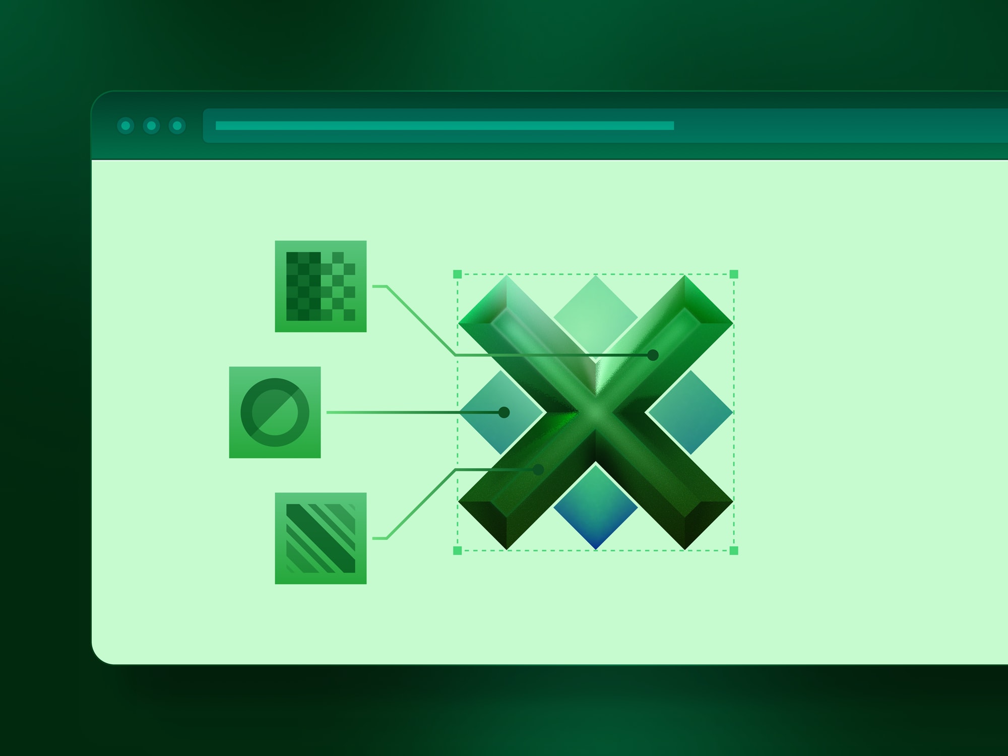 Stylized depiction of a web browser, showing an illustration with a diagram.