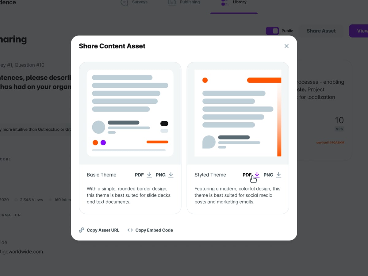 Share Content Asset modal showing card previews of exported file